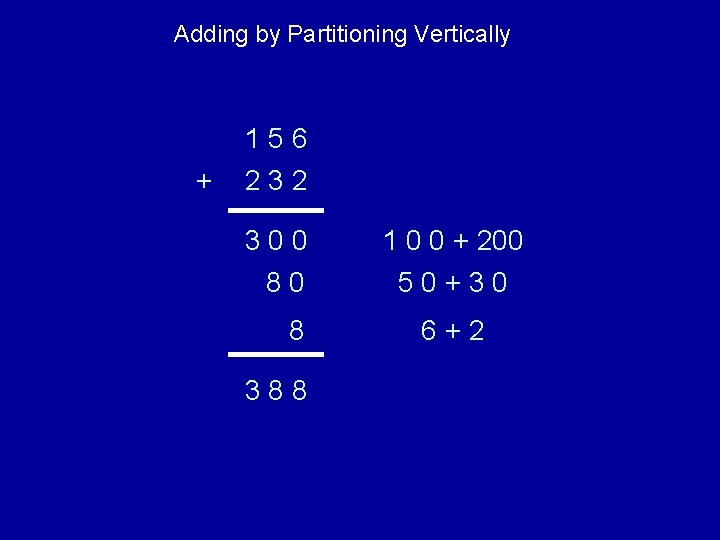 Adding by Partitioning Vertically 156 + 232 300 80 8 388 1 0 0