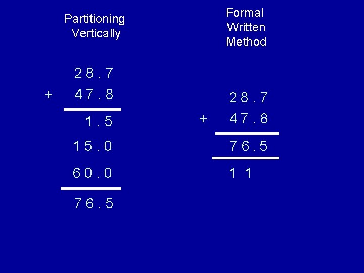 Formal Written Method Partitioning Vertically 28. 7 + 47. 8 1. 5 + 28.