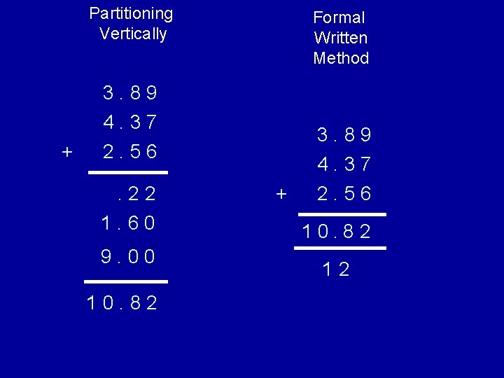 Partitioning Vertically Formal Written Method 3. 89 + 4. 37 2. 56. 22 1.