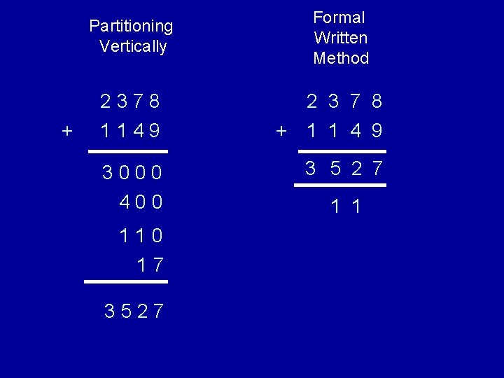 + Partitioning Vertically Formal Written Method 2378 2 3 7 8 1149 + 1