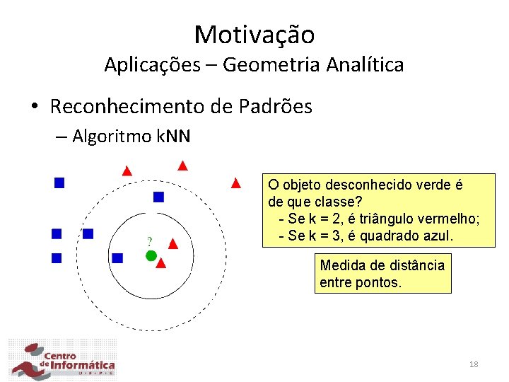 Motivação Aplicações – Geometria Analítica • Reconhecimento de Padrões – Algoritmo k. NN O