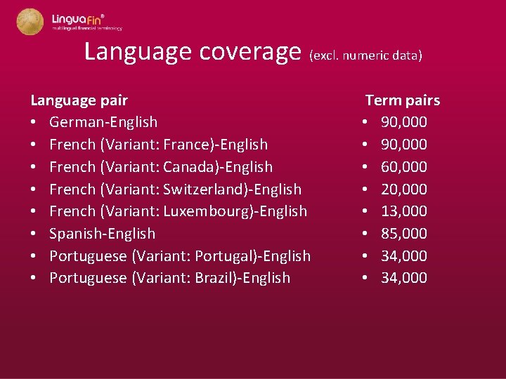 Language coverage (excl. numeric data) Language pair • German-English • French (Variant: France)-English •