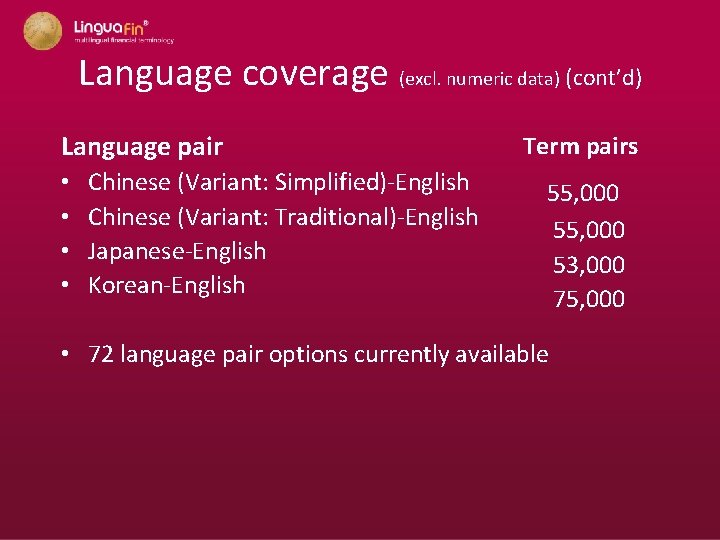 Language coverage (excl. numeric data) (cont’d) Language pair • • Term pairs Chinese (Variant: