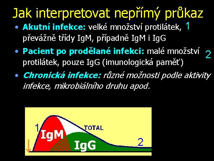 Jak interpretovat nepřímý průkaz • Akutní infekce: velké množství protilátek, 1 převážně třídy Ig.