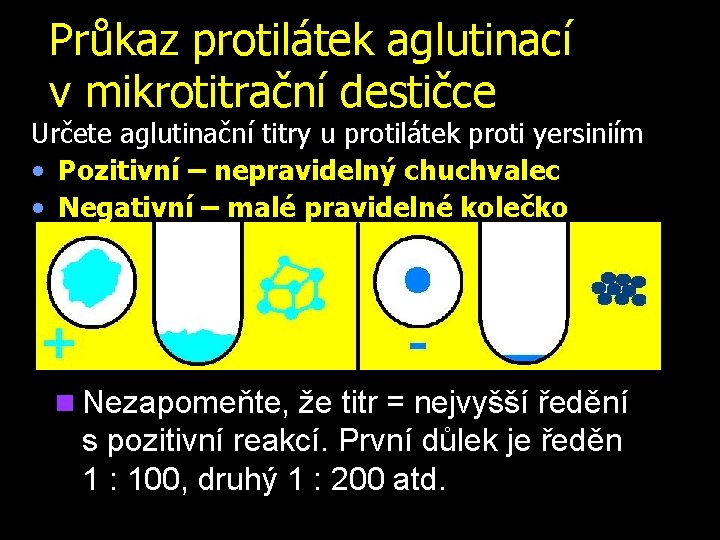 Průkaz protilátek aglutinací v mikrotitrační destičce Určete aglutinační titry u protilátek proti yersiniím •