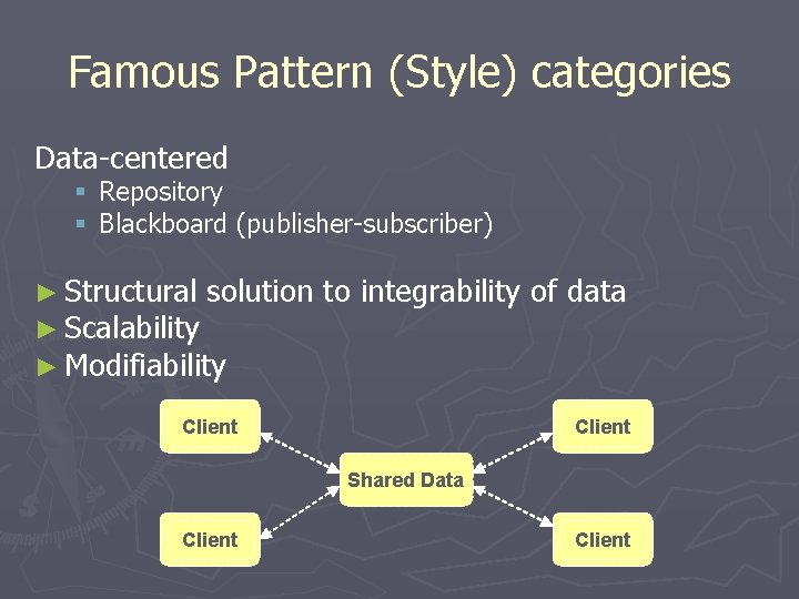 Famous Pattern (Style) categories Data-centered § Repository § Blackboard (publisher-subscriber) ► Structural solution ►