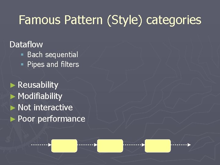 Famous Pattern (Style) categories Dataflow § Bach sequential § Pipes and filters ► Reusability