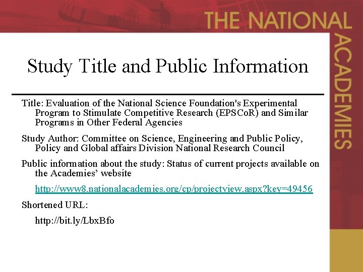 Study Title and Public Information Title: Evaluation of the National Science Foundation's Experimental Program