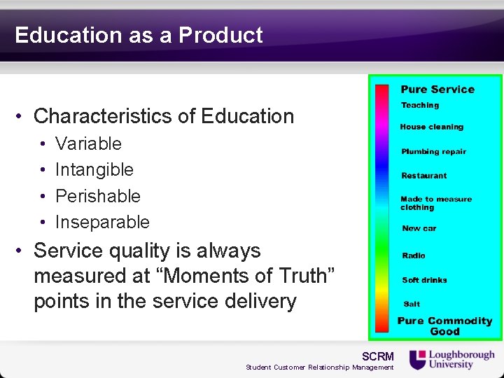 Education as a Product • Characteristics of Education • • Variable Intangible Perishable Inseparable