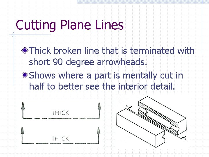 Cutting Plane Lines Thick broken line that is terminated with short 90 degree arrowheads.