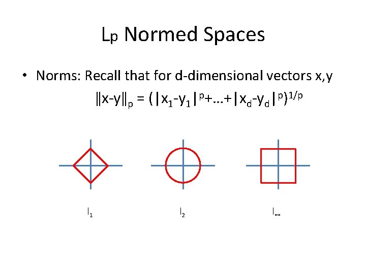 Lp Normed Spaces • Norms: Recall that for d-dimensional vectors x, y ǁx-yǁp =