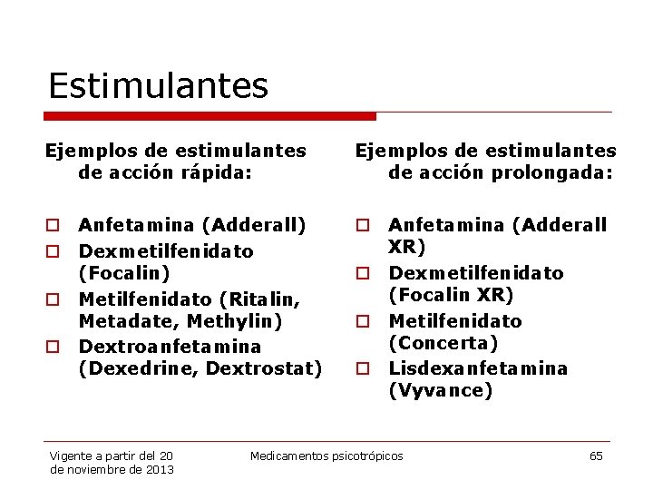 Estimulantes Ejemplos de estimulantes de acción rápida: Ejemplos de estimulantes de acción prolongada: o