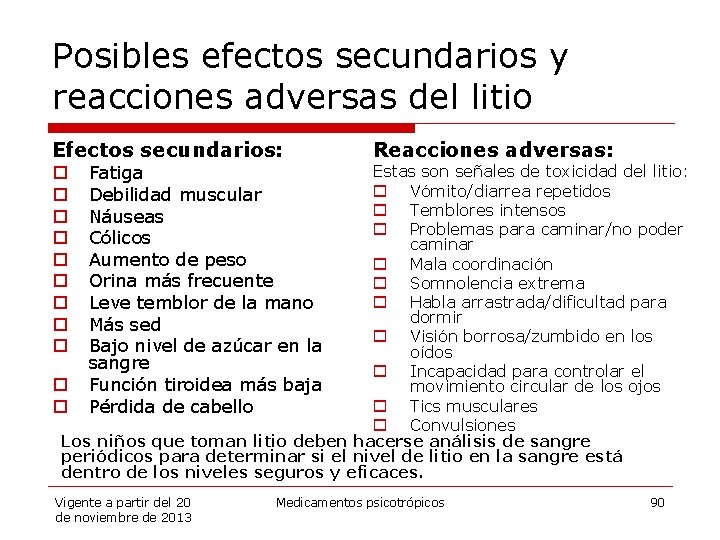 Posibles efectos secundarios y reacciones adversas del litio Efectos secundarios: Reacciones adversas: Estas son