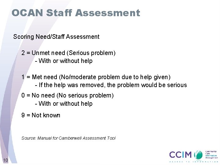 OCAN Staff Assessment Scoring Need/Staff Assessment 2 = Unmet need (Serious problem) - With