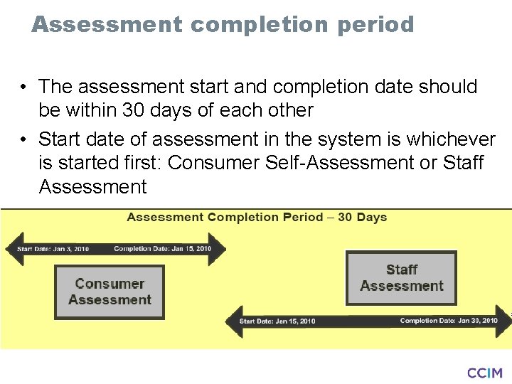 Assessment completion period • The assessment start and completion date should be within 30