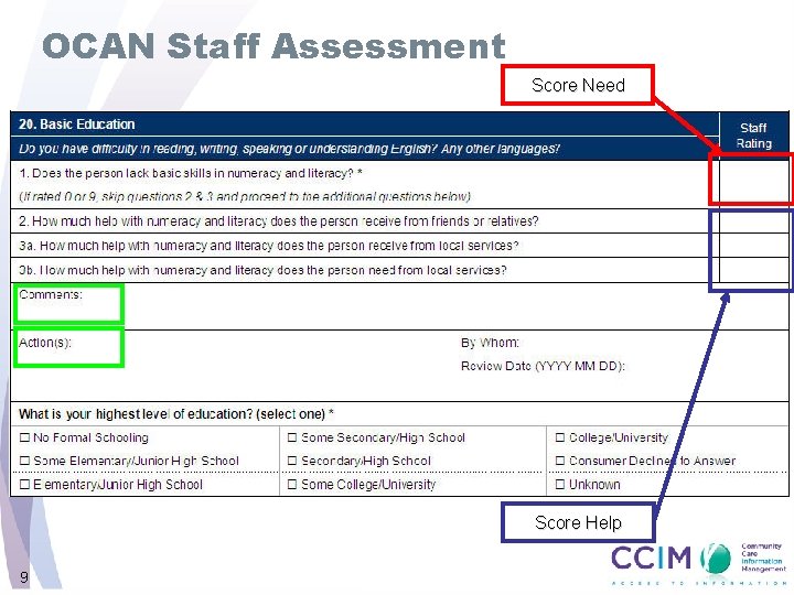 OCAN Staff Assessment Score Need Score Help 9 