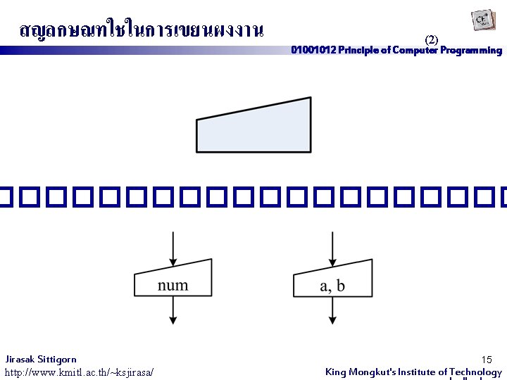 สญลกษณทใชในการเขยนผงงาน (2) 01001012 Principle of Computer Programming ���������� Jirasak Sittigorn http: //www. kmitl. ac.