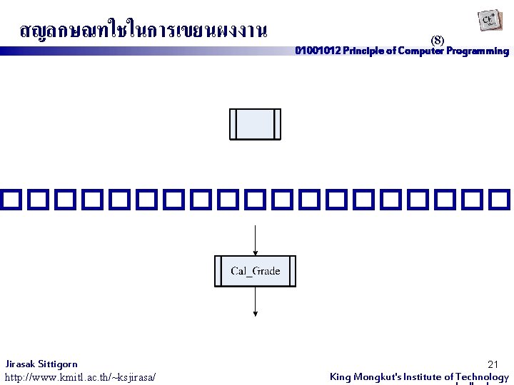 สญลกษณทใชในการเขยนผงงาน (8) 01001012 Principle of Computer Programming ���������� Jirasak Sittigorn http: //www. kmitl. ac.