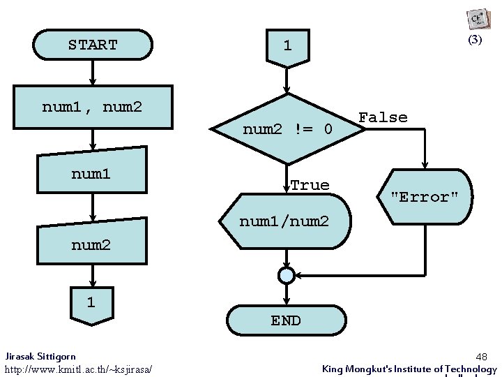 โปรแกรมหารเลข | if-else START (3) 101001012 Principle of Computer Programming num 1, num 2