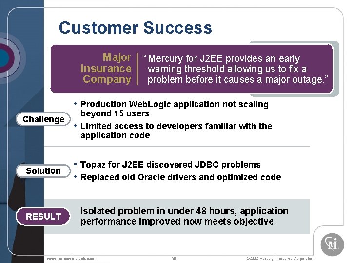 Customer Success Major Insurance Company “ Mercury for J 2 EE provides an early
