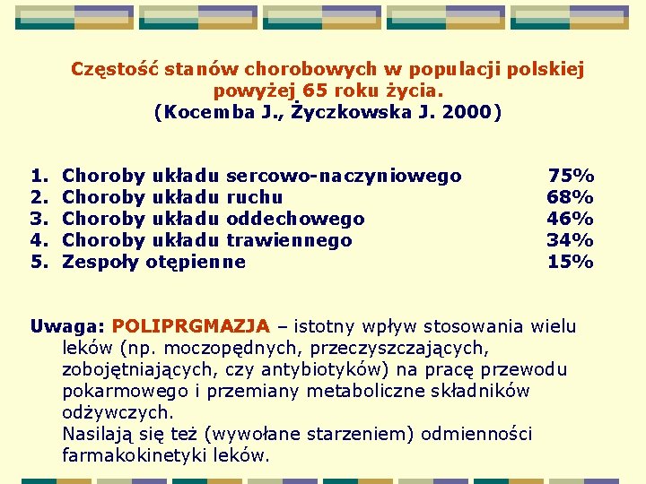 Częstość stanów chorobowych w populacji polskiej powyżej 65 roku życia. (Kocemba J. , Życzkowska