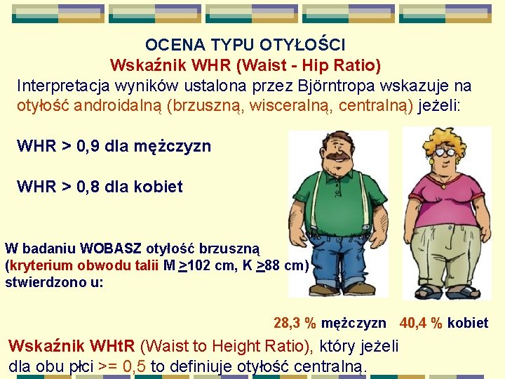 OCENA TYPU OTYŁOŚCI Wskaźnik WHR (Waist - Hip Ratio) Interpretacja wyników ustalona przez Björntropa