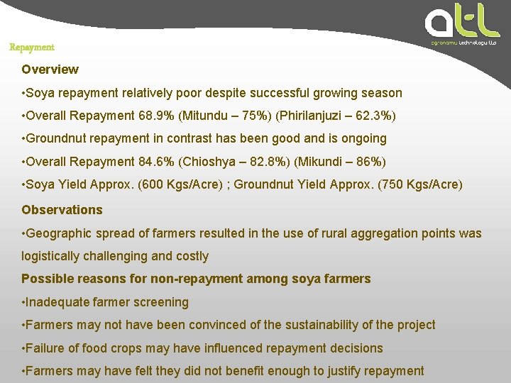 Repayment Overview • Soya repayment relatively poor despite successful growing season • Overall Repayment