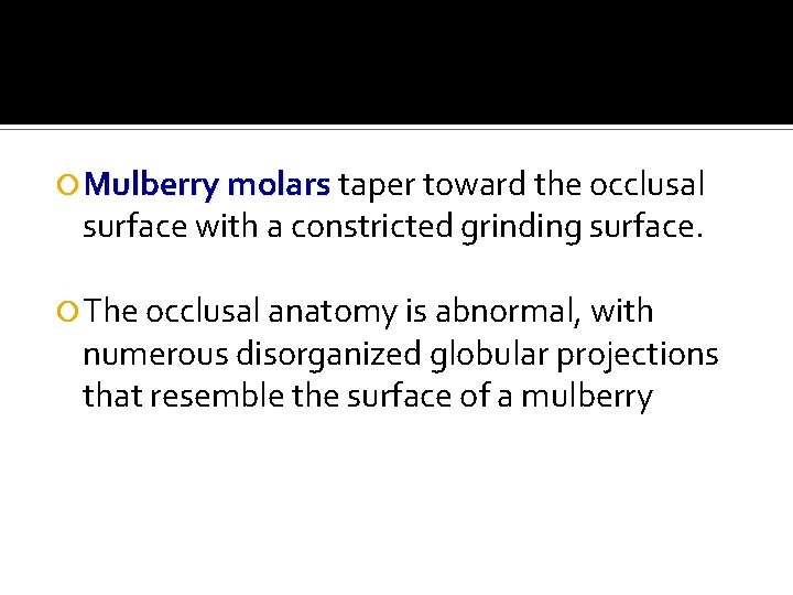  Mulberry molars taper toward the occlusal surface with a constricted grinding surface. The