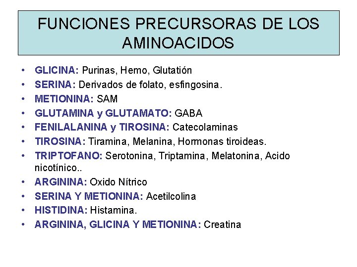 FUNCIONES PRECURSORAS DE LOS AMINOACIDOS • • • GLICINA: Purinas, Hemo, Glutatión SERINA: Derivados