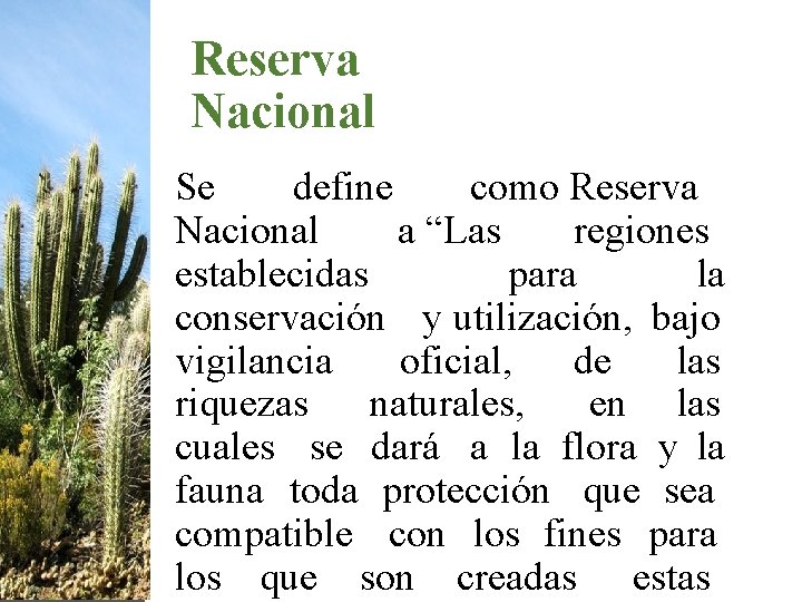 Reserva Nacional Se define como Reserva Nacional a “Las regiones establecidas para la conservación