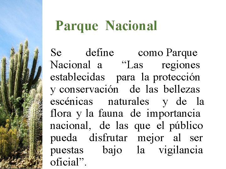 Parque Nacional Se define como Parque Nacional a “Las regiones establecidas para la protección