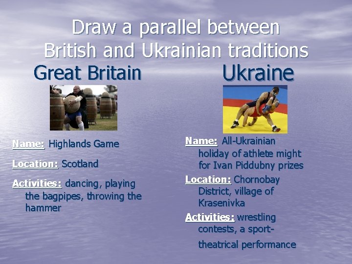 Draw a parallel between British and Ukrainian traditions Great Britain Ukraine Name: Highlands Game