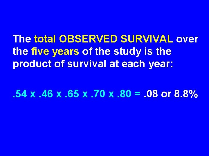 The total OBSERVED SURVIVAL over the five years of the study is the product