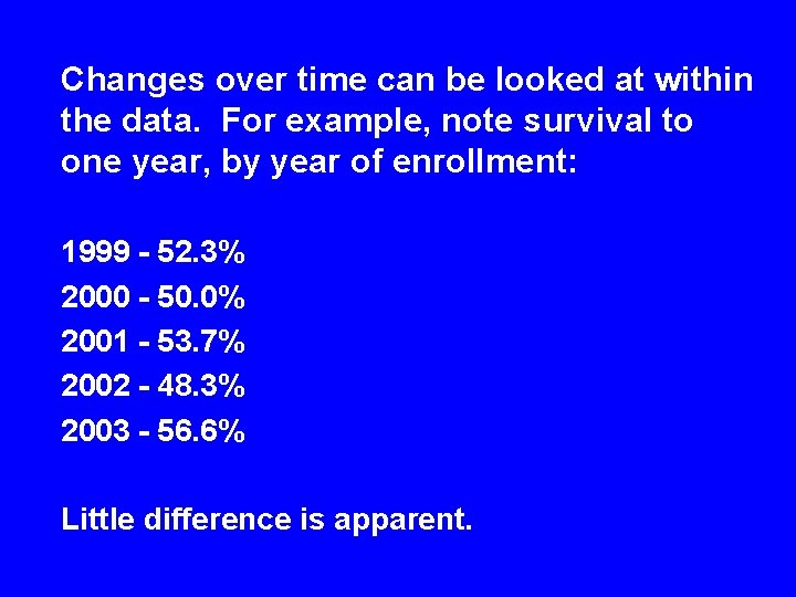 Changes over time can be looked at within the data. For example, note survival