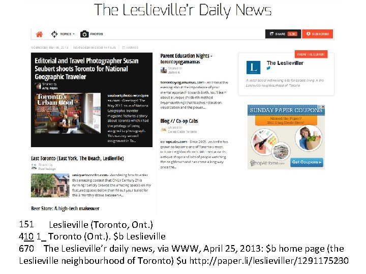 151 Leslieville (Toronto, Ont. ) 10 1_ Toronto (Ont. ). $b Leslieville 4__ 670