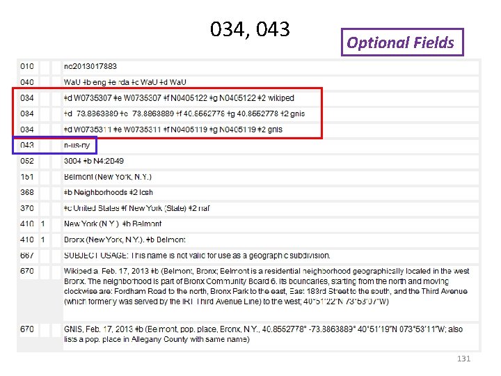 034, 043 Optional Fields 131 