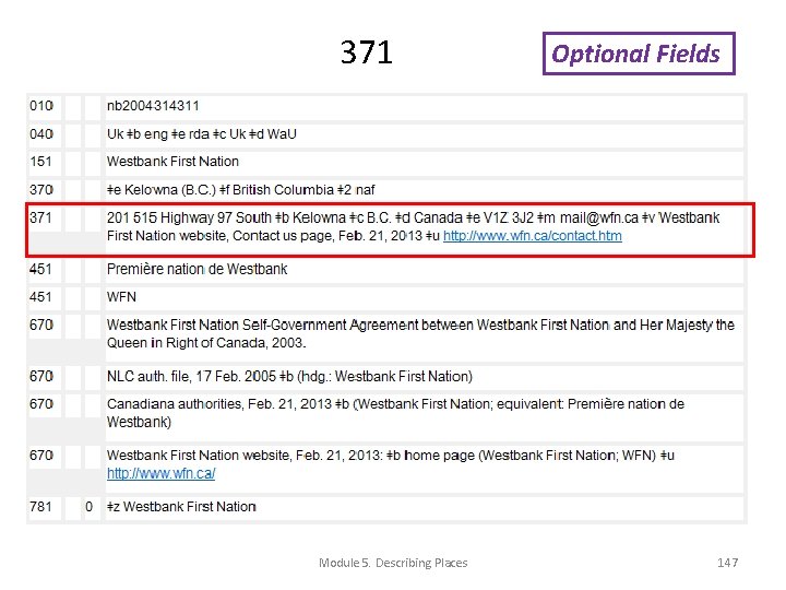 371 Module 5. Describing Places Optional Fields 147 