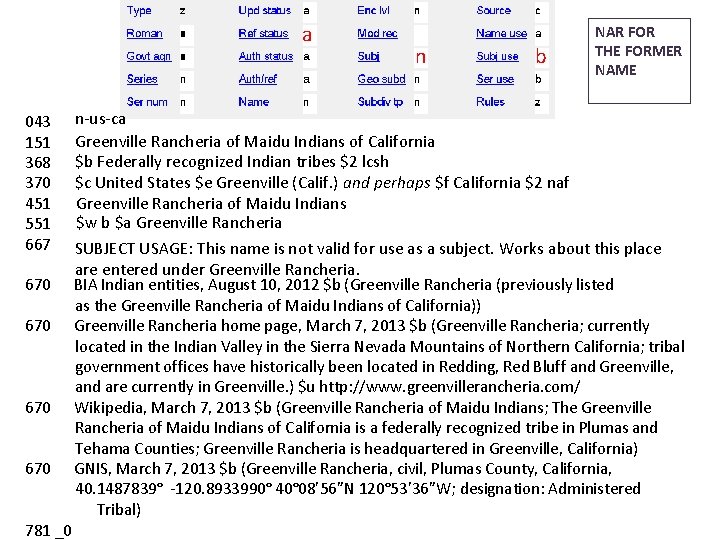 a n b NAR FOR THE FORMER NAME n-us-ca Greenville Rancheria of Maidu Indians