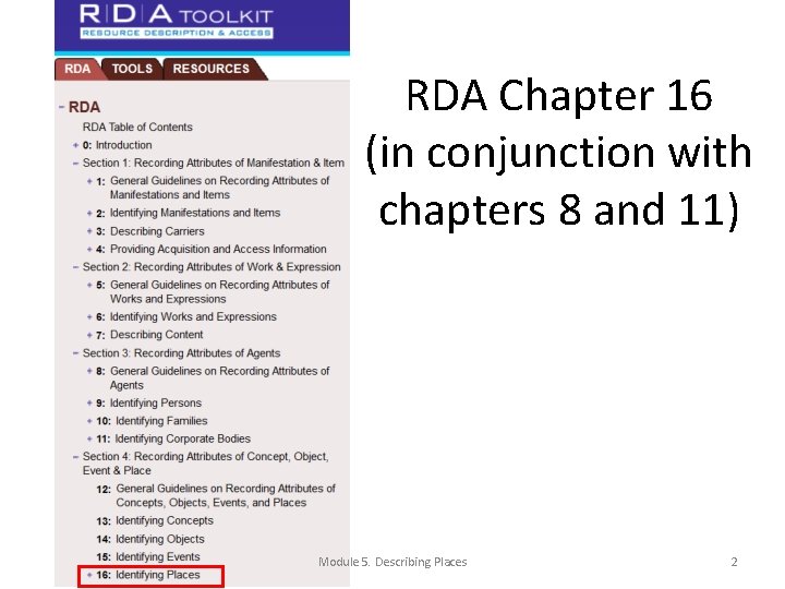 RDA Chapter 16 (in conjunction with chapters 8 and 11) Module 5. Describing Places