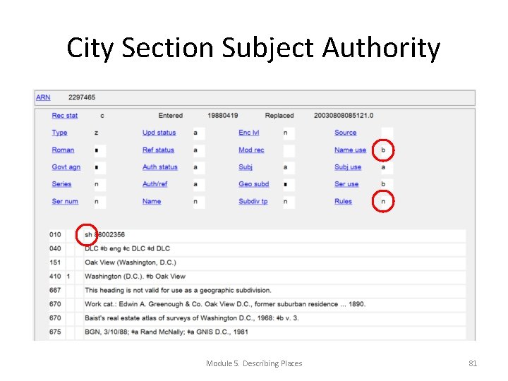 City Section Subject Authority Module 5. Describing Places 81 