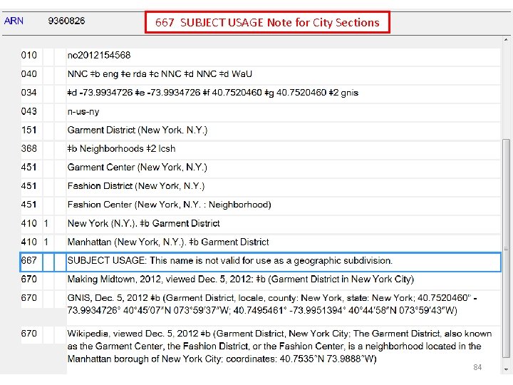 667 SUBJECT USAGE Note for City Sections 84 