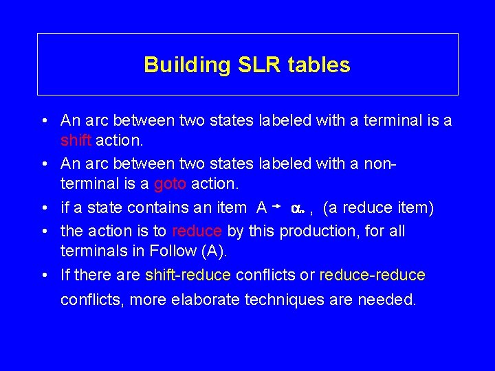 Building SLR tables • An arc between two states labeled with a terminal is