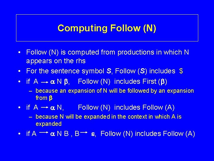 Computing Follow (N) • Follow (N) is computed from productions in which N appears
