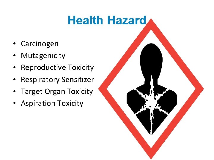 Health Hazard • • • Carcinogen Mutagenicity Reproductive Toxicity Respiratory Sensitizer Target Organ Toxicity