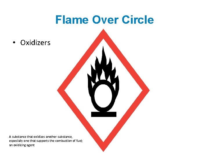 Flame Over Circle • Oxidizers A substance that oxidizes another substance, especially one that