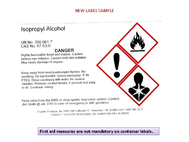 NEW LABEL SAMPLE First aid measures are not mandatory on container labels. 