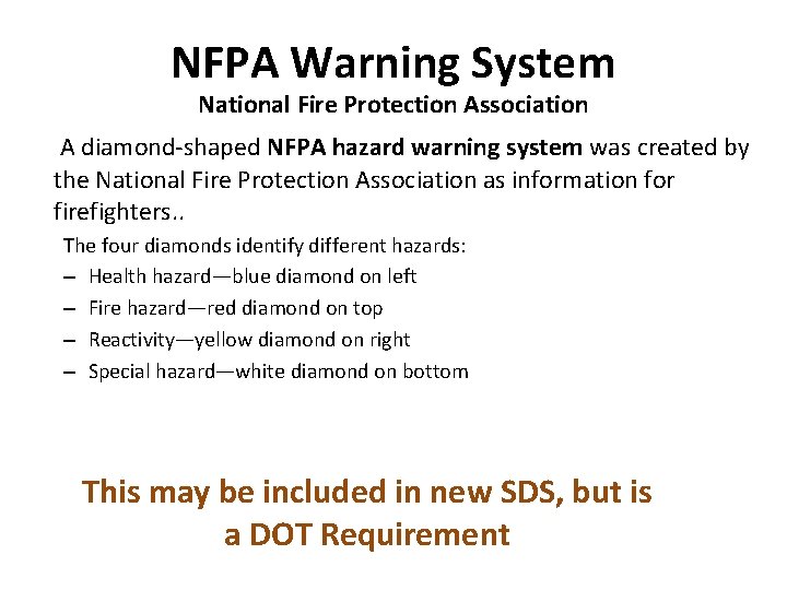 NFPA Warning System National Fire Protection Association A diamond-shaped NFPA hazard warning system was