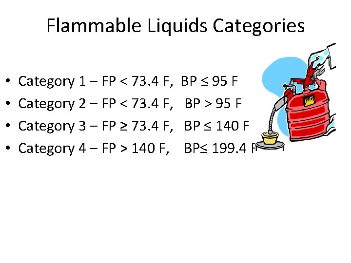 Flammable Liquids Categories • • Category 1 – FP < 73. 4 F, BP