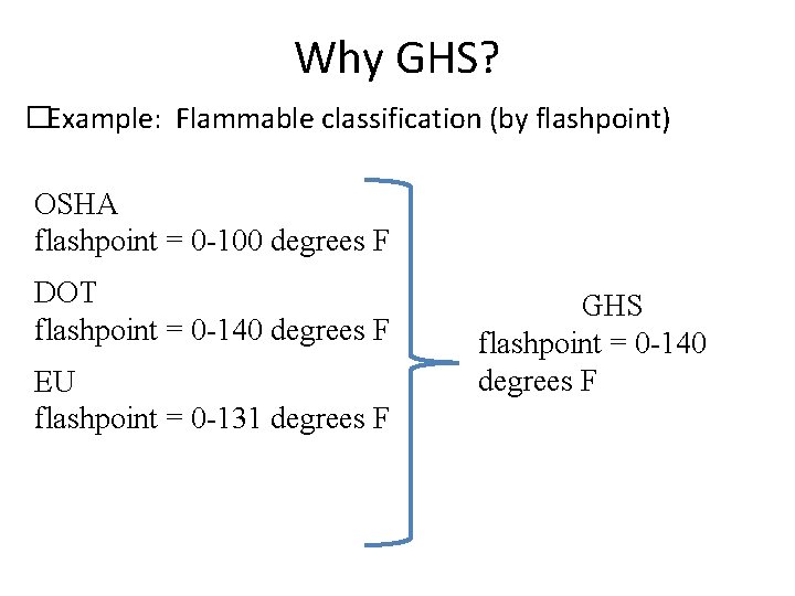 Why GHS? �Example: Flammable classification (by flashpoint) OSHA flashpoint = 0 -100 degrees F