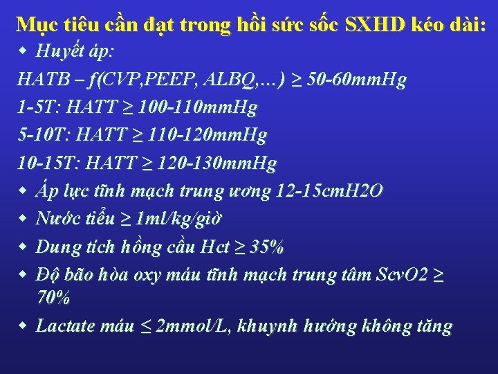 Mục tiêu cần đạt trong hồi sức sốc SXHD kéo dài: w Huyết áp: